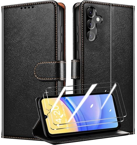 QHOHQ Cover per Samsung Galaxy A15 4G/5G + 2 Pezzi Vetro Temperato, [RFID Shieldon], Libro Custodia Portafoglio Premium Pelle PU, [Slot Scheda], Pulsante Magnetico, Antiurto Case (Classico) - Nero