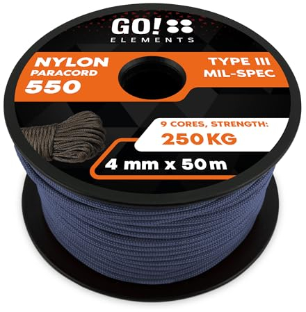 GO!elements 50m Paracord Seil aus reißfester Nylonschnur - 4mm Paracord 550 Typ III Schnur - geeignet als Allzweckseil & Reepschnur - Max. 250kg, Farbe: Grau-Blau