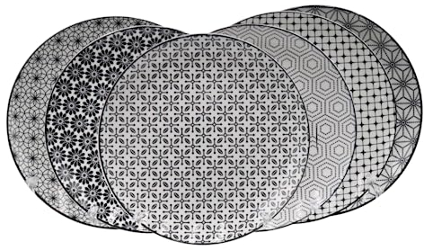 Ard'time - Lot de 6 Assiettes, Assiettes à Motifs, Assiettes Noires et Blanches, Vaisselle Chic, Assiettes Plates, Assiettes en Porcelaine, Design 2, Collection KOMAE