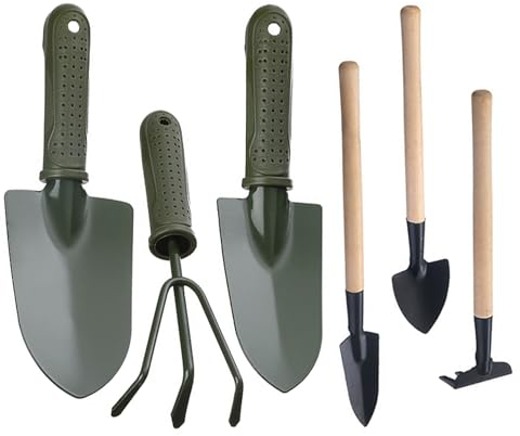 Juego de 6 mini herramientas de jardín, herramientas de flores y plantas, herramientas de limpieza de macetas, herramientas antioxidantes y antimanchas (mini pala, rastrillo de jardín, pala para