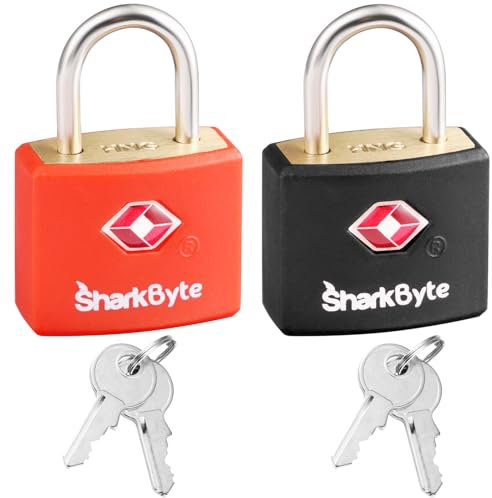 SharkByte TSA - Confezione da 2 serrature per bagagli con chiavi, lucchetti da viaggio per valigie, serrature per bagagli con chiave piccola, in ottone, per armadietti da palestra, borse per laptop,