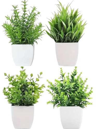 Valyria Home | Pack de 4 Mini Plantas Artificiales Decorativas en Maceta | Pequeñas Plantas Verdes para Hogar, Oficina, Cocina, Ventana | Decoración Interior | Medidas 18x12x12 cm