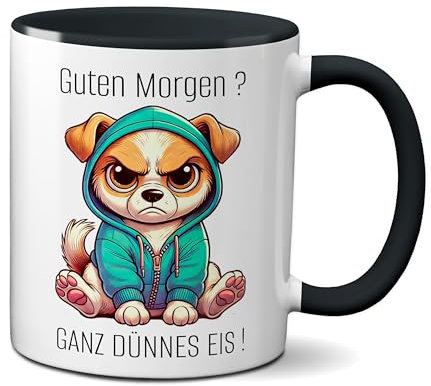 TassenKing Tasse mit Spruch lustig Hund Morgenmuffel Witz Geschenkidee Kaffeetasse Humor Geschenk für Verschlafen Kaffeebecher Witz Becher (schwarz)