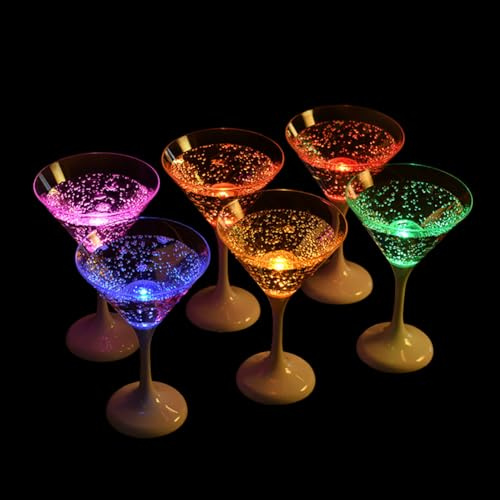 Leuchtendes Cocktailglas 6-teiliges einfarbiges Cocktailglas mit Licht lustiges LED-Trinkweinglas 210 ml automatische Beleuchtung leuchtendes hohes Glas beleuchtetes Weinglas für Bars Nachtclubs
