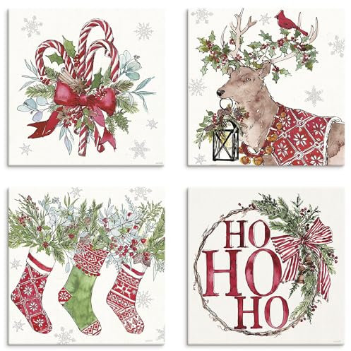 ARTLAND Wanddeko Weihnachten Leinwand Bilder Wandbild Bild SetWanddeko 4tlg. je 20x20 cm Weihnachtsdeko Schmuck