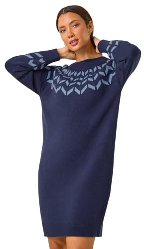 Roman Thick Jumper Dress for Women UK Ladies Fairisle Aztec Knitted Knit Sweater Knitwear Autumn Winter Holiday Round Neck Long Sleeve Soft Knee Length Sweat Warm Thick - Navy Blue - Size 20