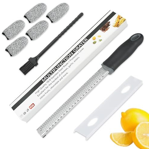Strehknewen Grattugia Zester in Acciaio Inox – Grattugia per Parmigiano, Limone, Noce Moscata e Zenzero – con 5 Protezioni Dita, Spazzola e Custodia