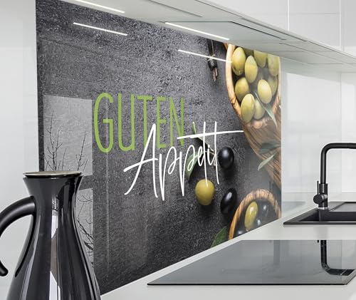 timalo Spritzschutz Wand für Herd, Küche Küchenrückwand Glasoptik | Acryl Glas 2mm | Glasrückwand Acrylglas Wandpaneele Rückwandschutz Platte | 120 x 80 cm Oliven Schiefer Guten Appetit