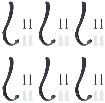 Fairblo 6Pcs Black Coat Hooks Wall Mounted Large Wall Hooks for Hanging Coats Heavy Duty Coat Hanger Metal Robe Door Hook with Screws Rustproof Wall Clothes Hook for Towels Clothes Backpacks Hats Bags
