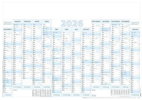 Zettler Plakatkalender 14 Monate 1 Stk. gerollt 2026 – Wandkalender groß 100 × 70 cm, 14 Monate auf 1 Seite inkl. Dez. 2025 & Jan. 2027, Tages-, Wochen- & Arbeitstagezählung, grau/blau
