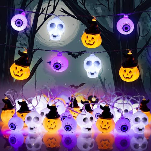 Timiyou Halloween Lichterkette – 3 Meter mit 20 LED Kürbis, Skelett & Augapfel für die perfekte Halloween Deko! Ideal für Fensterdeko und Veranda, Batteriebetrieben