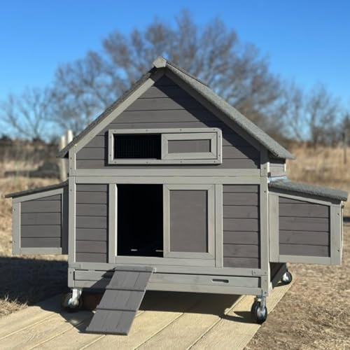 GUTINNEEN Large Chicken Coop on Wheels Mobile Wooden Hen House Weatherproof Duck Poultry Cage 67.3 L for 6-8 Chickens with 6 Nesting Box