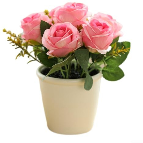 YJDOORPLAY Artificial Rose Flower Small Tree in White Pot Indoor Decorative Plants for Home Office Restaurant Garden Plastic Silk Floral Decor(Rose Red)