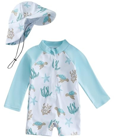 UV Badebekleidung Baby Badeanzug mit Sonnenhut UPF 50+ Schutzkleidung mit Reißverschluss UV Anzug Langarm Cartoon Einteiler Unisex Neoprenanzug Schwimmanzug Badeanzug für Junge Mädchen Badekleider