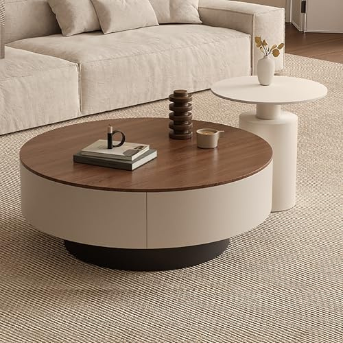 Couchtisch 2er Set Rund, wohnzimmer tisch für couch mit 2 Schubladen aus Massivholz, verdickte 12 mm Steinplatte, Nested Beistelltisch mit Schublade für Schlafzimmer, Home Office(Brown+white,70cm)