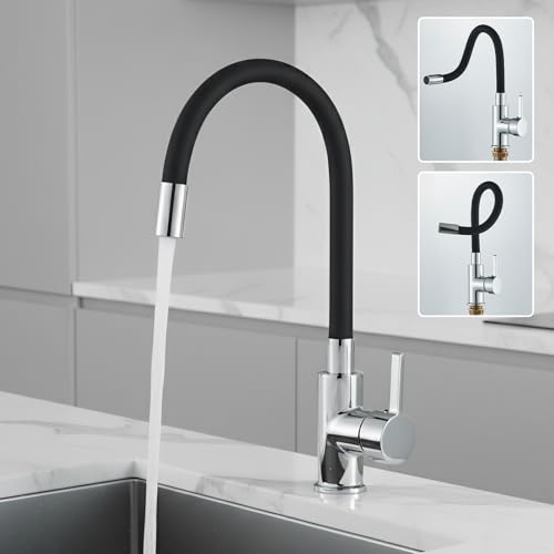 HARNART Robinet de Cuisine Flexible Bec Haut Orientable Librement Mitigeur Cuisine Flexible Laiton Chromé et Noir Robinet Evier Monotrou à Eau Chaude et Froide