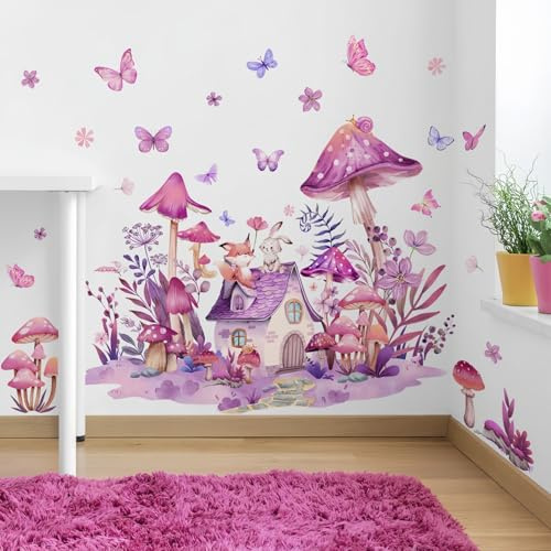 Wandaufkleber für Mädchenzimmer, Wandbild mit rosa Pilz | Schmetterling und Kaninchenhaus, ablösbare Vinyl Wanddekoration zum Selbermachen für Mädchen, Babyzimmer, Schlafzimmer
