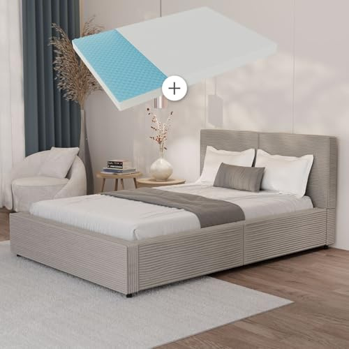 Juskys Polsterbett Salerno 140 x 200 cm mit Matratze – Cord Taupe, modernes Bett mit Kopf- & Fußteil, stabilem Holz- & Metallrahmen, Lattenrost, 500 kg Tragkraft