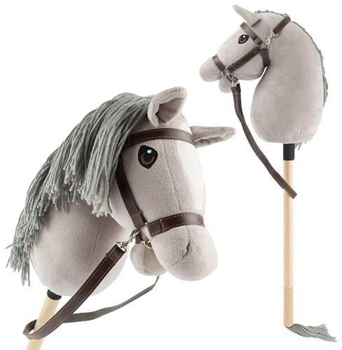 Bieco Hobby Horse Steckenpferd Grauer - Größe S, mit Trense | Abnehmbarer Stock & Schweif, für Springreiten, Dressur & Spielen | Hobby Horse Pferde