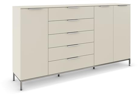 Rauch Möbel Flipp, Kommode, Farbe Beige, Breite 199 cm | Sideboard, 3-türig, 5 Schubladen, Soft-Close, Griffe, Metallkufe Chrom, für Schlafzimmer, Gästezimmer, Wohnzimmer
