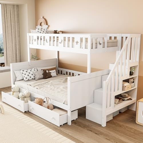 ECLIVON Cama Infantil Litera 90x200 & 140x200 con Escalera Almacenaje | Cama Alta con Estante y 2 Cajones, Literas Infantiles con Protección Anticaídas y Somier de Láminas, Sin Colchón, Blanco