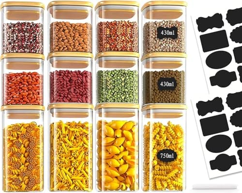 BARAKYEG Vorratsdosen Glas 12er Set,750ml/430ml Vorratsgläser mit Deckel Eckig,Glasbehälter Holzdeckel- Aufbewahrung Küche Glas Vorratsdosen Luftdicht für Cornflakes,Müsli,Bohnen,gewürze aufbewahrung