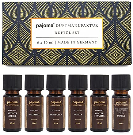 pajoma® Duftöl 6x 10 ml Weihnachten Set 2 (Vanille, Bratapfel, Lebkuchen, Winterfrüchte, Adventszauber, Zimt-Orange) Ätherische und Parfümöle | Geschenkidee, für Duftlampe, Aromatherapie oder Diffuser