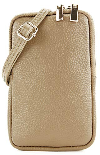 modamoda de T197 Damen Leder Handytasche 6,7 Zoll Umhängetasche handmade in Italy, Farbe:Graubeige