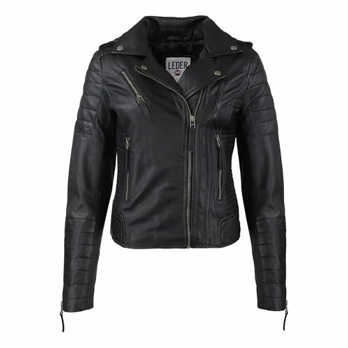 Leder24h Damen Lederjacke Schwarz Biker Jacke Sommer Frühling Herbst Leichte Übergangsjacke für Frauen (DE/NL/SE/PL, Alphanumerisch, S, Regular, Regular, Schwarz mit Retro-Kragen)