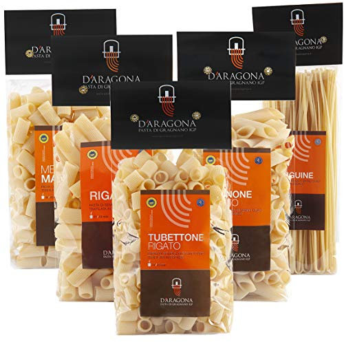 D'ARAGONA PASTA DI GRAGNANO IGP - PACCO POMPEI Formati Misti 5 x 500 GR. Eccellenza Italiana, Pasta di Semola di Grano Duro Trafilata al Bronzo (Rigatoni, Mezze Maniche, Tubettoni, Pennoni, Linguine)