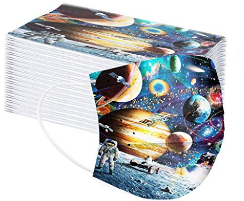 AmyGline 50 Stück-Mundschutz-Kinder mit Motiv,Einweg_3-lagig_Staubdicht-Atmungsaktiv für Jungen und Mädchen Mundbedeckung Nette Cartoon Muster (50PC, D-Astronaut)