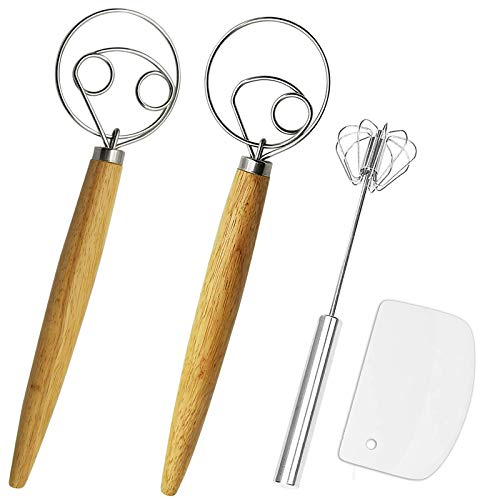 Listenman Lot de 2 fouets à pâte danoise en acier inoxydable de qualité supérieure et 1 lot de fouets rotatifs avec un grattoir pour pain, pâtisserie ou pâte à pizza, Accessoires Cuisine