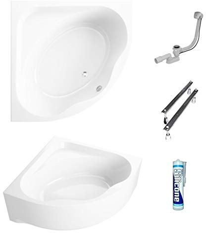 ECOLAM® symmetrische Badewanne Eckbadewanne Standard Polimat Acryl weiß 150x150 cm + Schürze Ablaufgarnitur Ab- und Überlauf Automatik Füße Silikon Komplett-Set