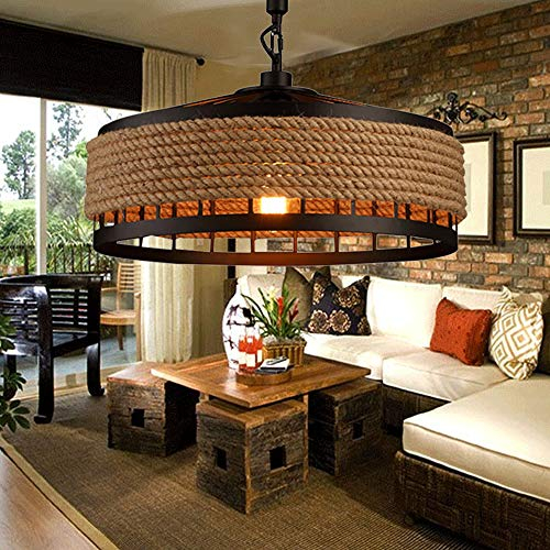 Hanfseil Industriestil Retro Lampe Pendelleuchte Aufhängung Typ Rundkäfig Eisen E27 Kronleuchter höhenverstellbarer Hängelampe verwendet für Wohnzimmer Café Restaurant Dekoration Deckenlampe,D40cm