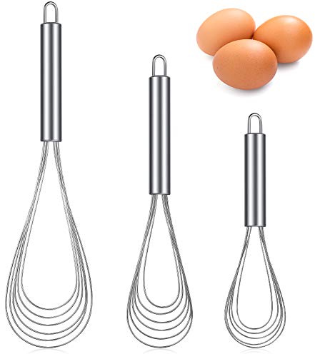 Patelai 3 Pieces Stainless Steel Kitchen Flat Whisk Set Stainless Steel Flat Wire Egg Utensils Whisk for Cooking Blending Whisking Beating(8 Inch,10 Inch,11.6 Inch)