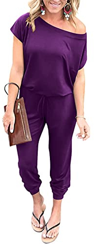 YUNDAI Womens Jumpsuits One Piece Casual Off Shoulder Playsuit Short Sleeve Overalls Elastic Waist Stretchy Romper with Pockets Large,Purple