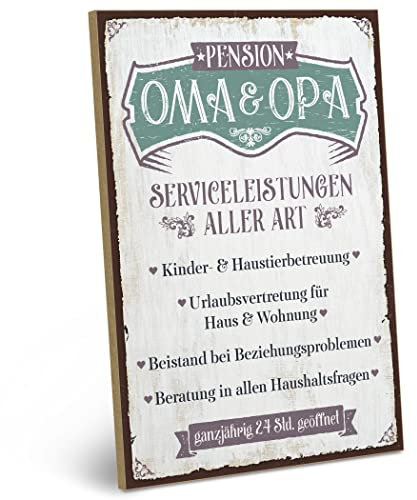 ARTFAVES® Wandbild Holzschild mit Spruch - PENSION OMA und OPA (V2) - Türschild Retro Vintage Deko Bild Geschenk - Familie, Großeltern