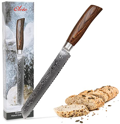 Wakoli EDIB Pro Premium Damast Brotmesser – 20 cm Klinge mit Wellenschliff, aus 67 Lagen Damaststahl mit VG10-Kern, ergonomischer Pakkaholzgriff, Brotmesser für die Küche, Geschenkbox