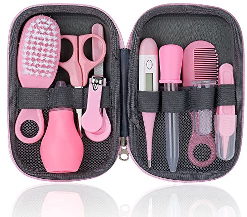 Kit de toilettage pour bébé 10 pièces Accessoires de soins de santé pour nouveau-né Ensemble de soins de santé portable pour bébé avec brosse à cheveux peigne coupe-ongles thermomètre pour chambre