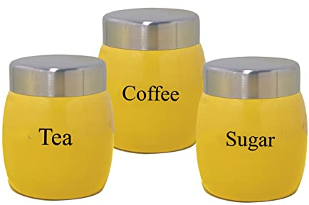 Set of 3 Stainless Steel Tea Coffee Sugar Canisters,Storage Barrel Style, Rust Resistant,Powder Coated Ideal for Kitchen Storage Coffee Granules, Tea Leaves & Bags & Sugar Cubes (YELLOW)