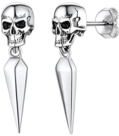 Suplight 925 Sterling Silver Skull Spike Earrings Vintage Skull Drop Dangle Earrings for Men Women