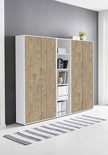 Schrankwand Office Edition abschliessbarer Aktenschrank Büroschrank Büromöbel Regal in Weiß/Gold Harbor Oak (Set 10)