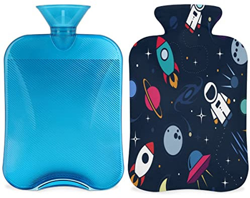 Astronaut Spaceship Rocket Hot Water Bottle with Fluffy Cover,2L Large Capacity,Astronaut Bottle Water Bag for Cosy Nights Relief Pain Back Neck and Shoulders