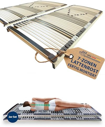 AM Qualitätsmatratzen 7 Zonen Lattenrost 100x220 2er Set fertig montiert mit 44 Federleisten - Made in Germany - Ergnomischer & Starrer Lattenrost 100x220cm - Holmabsenkung für Schulter und Becken