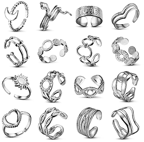 Adramata 16 Pcs Silber Ringe für Damen Edelstahl Ring Frauen Einfaches Blumen Herz Schmetterlingsring Ring Offene Verstellbare Ringe Set Stapelbare Punk Fingerring Boho Ringe Silber Daumenring Damen
