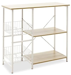 Meyvaser Estanteria de Cocina, Estantería para Microondas con 2 Cestas de Malla Metálica Blanca, 3 Estantes y Ganchos 80x34x75cm Color Madera y Blanco