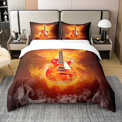 100% Baumwolle Gitarre Tröster Abdeckung 135x200 Rock Musik Bettbezug Gitarre Bettwäsche Set Flammenmuster Quilt Cover für Kinder Teens Junger Mann,Braunes Schlafzimmer Wohnzimmer Dekor