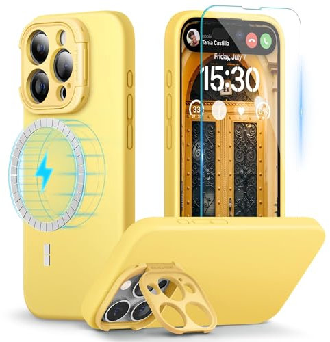 pcgaga Designed for iPhone 15 Pro Max Case and Screen Protector, Silicone Phone Cover with MagSafe, Invisible Stand, Shockproof Full Body Protection with Microfiber Lining, 6.7, Yellow