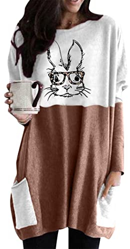 OMZIN Ostertag Damen Frühling mit Rundhalsausschnitt Osterhase Print T Shirts Lässig Kurzarm T Shirt Bluse Tops Khaki Brille Hase XL
