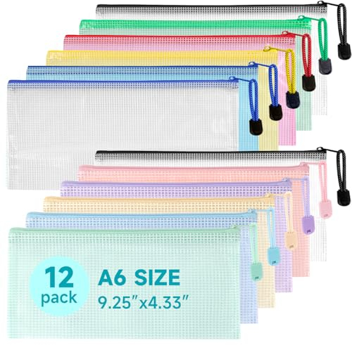 Mutsitaz 12 Stück Dokumententasche mit Reißverschluss A6, Wasserdichter Dokumentenbeutel A6 für Dokumente, Quittung, Papier, Schule, Prüfungsblatt, Kosmetik, Reise, 11 Farben…
